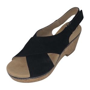 Clarks Black Suede Wedge Sandals Size 9